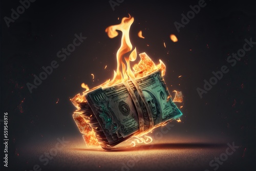 Wad of money on fire, created with Generative AI technology