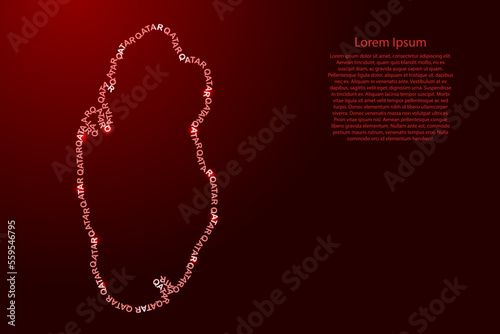 Qatar map country along contour of recurring english red words name of state and glowing space stars