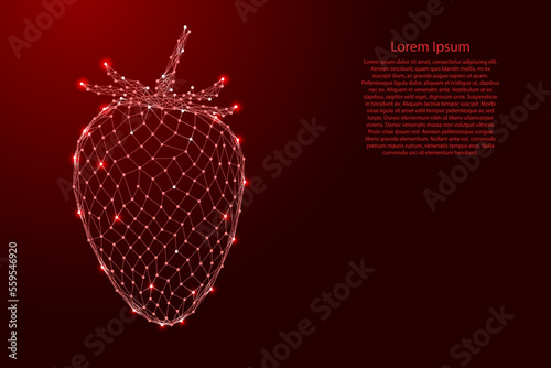 Strawberries, one berry from futuristic polygonal red lines and glowing stars for banner, poster, greeting card. Low poly concept. Vector illustration.
