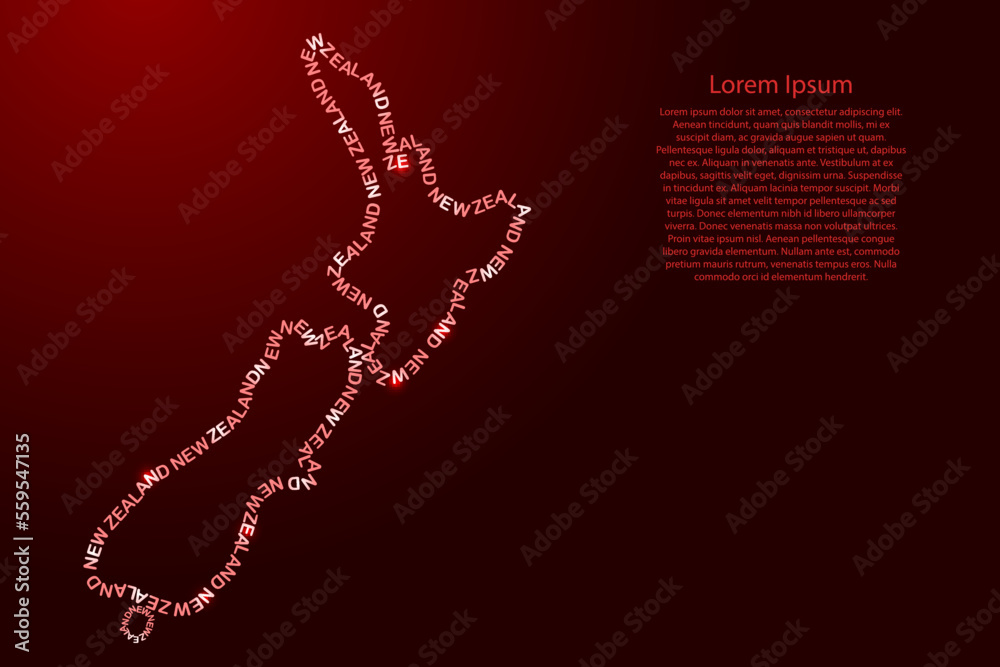 New Zealand map country along contour of recurring english red words name of state and glowing space stars New Zealand map country along contour of recurring english red words name of state and glowing space stars