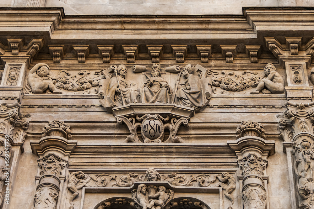 Architectural fragments of plateresque-style facade of the Seville town hall (old Casa consistorial de Sevilla, from 1540) on the Plaza de San Francisco. Seville, Andalusia, Spain.