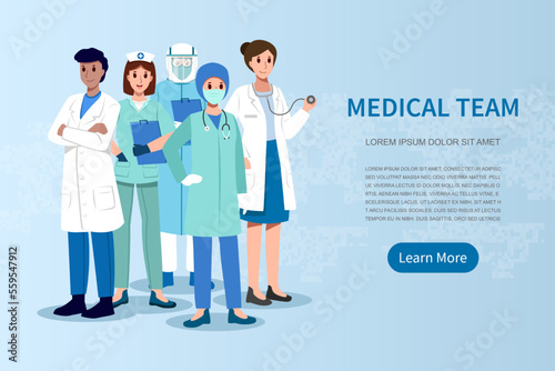 Medical team . Doctor nurse surgeon assistant and copy space . Cartoon character . Vector .