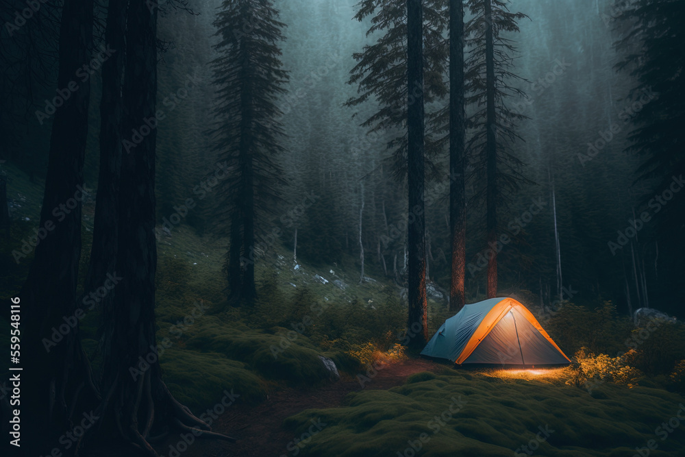 Camping in a dark foggy forest, campfire, night forest, fog, moonlight, cozy evening by the fire. AI