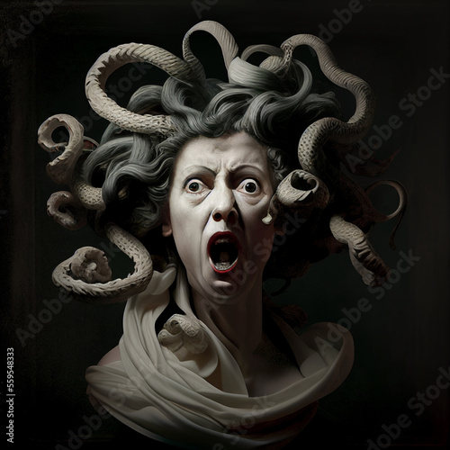 Medusa Gorgon Snakes Malevolent Enemy DND Roleplaying Character Monster Woman RPG Quest Caravaggio Style Concept Painting Generative AI Tools Technology illustration photo
