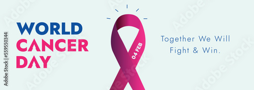 World cancer day. World cancer day story post. 4 February world  cancer day banner with purple ribbon on cyan background. cancer awareness campaign. together we will fight and win. 4th February.  photo