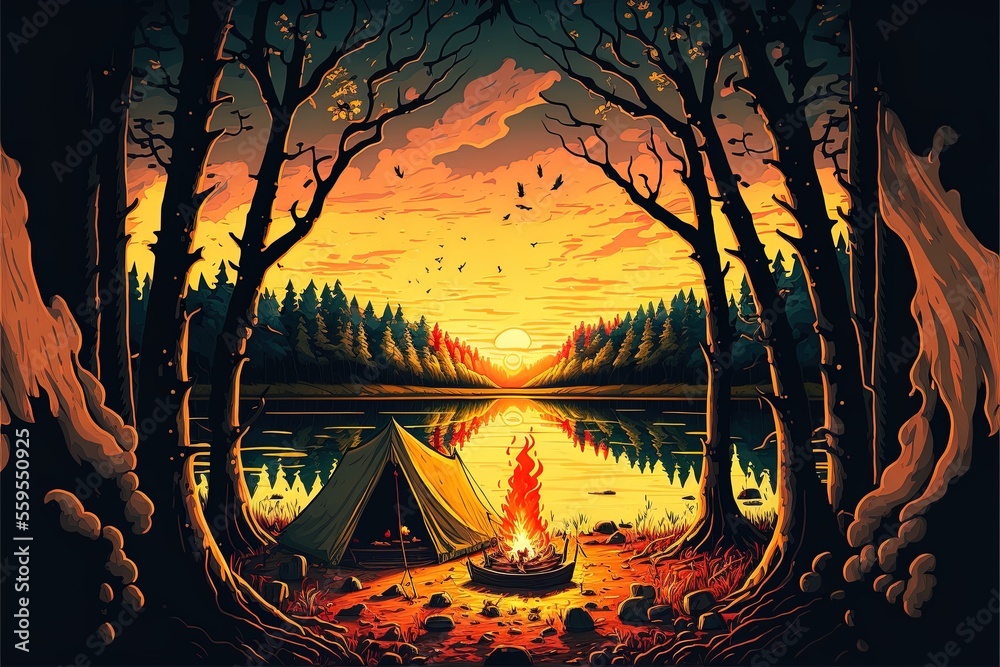 Camping on the river bank, campfire, night forest, moonlight, cozy evening by the fire. AI