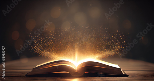 Open book Bible on wooden desk with mystic bright light fantasy light like holy spirit on black bokeh background magic poster 3d illustration