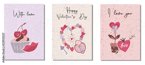 Set of greeting cards for Valentine's Day with inscriptions and illustrations in the flat style.Vector illustration