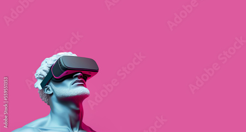 Banner of statue black man in a VR headset exploring the metaverse world, touching virtual reality subjects with copy space on the pink banner background.