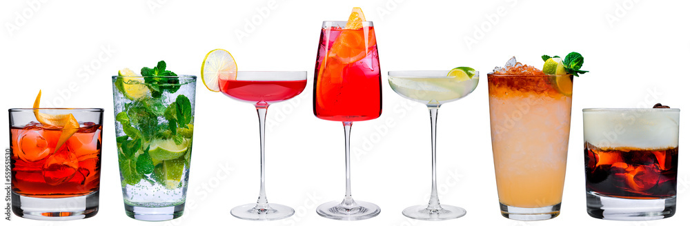 set of classic cocktails isolated, a collection of alcoholic beverages for the menu on a white background - obrazy, fototapety, plakaty 
