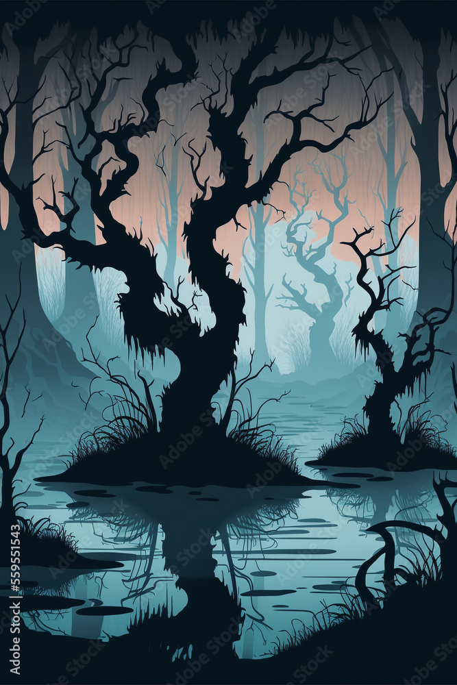 An illustration of a dense, primordial swamp full of fireflies with gnarled trees and fog. Generative Ai illustration in vector style.
