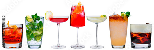 set of classic cocktails isolated, a collection of alcoholic beverages for the menu on a white background