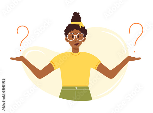 Young black woman thinking and making choice. Girl in glasses  solving problem, making decision and doubting. Vector illustration in flat cartoon style 