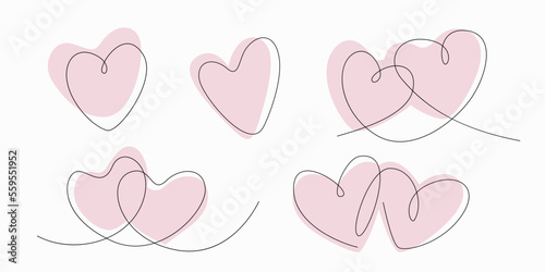 Valentine's day and Love concept. Hearts Set in modern line art style isolated on white background. Two hearts continuous one line drawing. Decoration elements for Mothers day and Valentines card