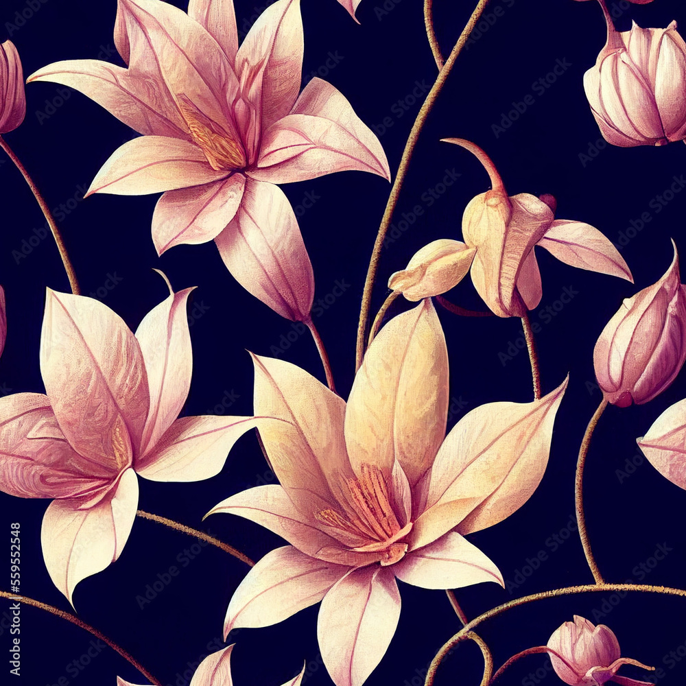 seamless floral pattern with Lotus Flowers and a Modern Exotic Design Illustration. Navy blue