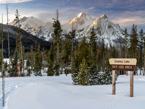 Day use area at Stanley Lake in winter at sunrise photo