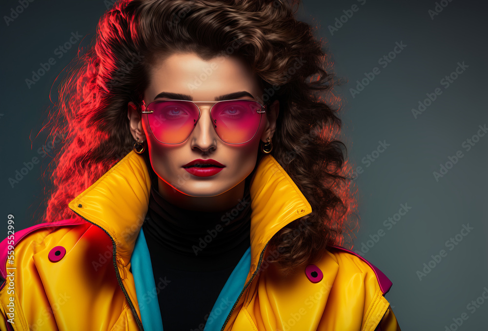 close up portrait of beautiful 80s girl, vintage fashion genre, Generative  Ai not real person Stock Illustration