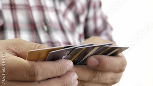 Businessman holding credit card with copy space on white background, Smart technology digital future of business finance and payment online