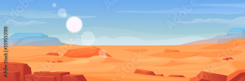 Cartoon desert land. Panorama landscape of mexico yellow sand with dry stones and sandy dune, dry hot ground environment africa safari wild nature west arizona vector illustration