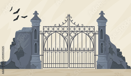 Gothic gate. Mansion or cemetery entrance gates, horror graveyard old park portal metal antique wrought fence asylum door spooky manor architecture cartoon neat vector illustration