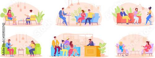 Celebrity interview. TV presenter interviewing famous guests sitting on chair or sofa event show studio, broadcast journalist interview man conversation, swanky vector illustration