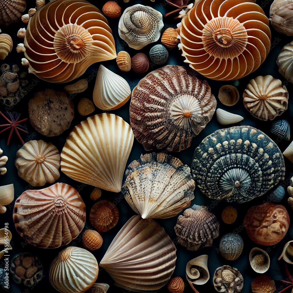 Arrangement of Exotic Seashells, Generative AI Arrangement of Exotic Seashells, Generative AI