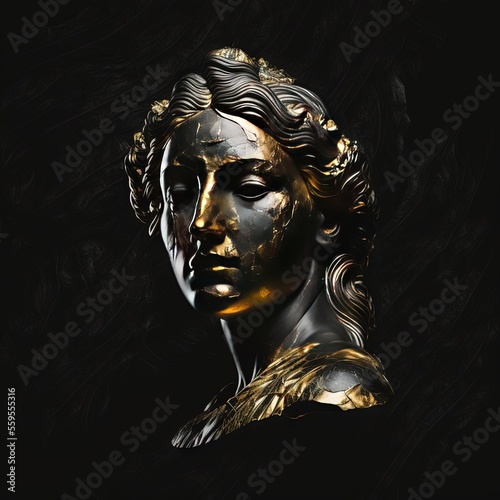Une femme stoïque avec un mélange de pierre/or/noir, sculpture idéale pour papier peint, modèle, citations photo