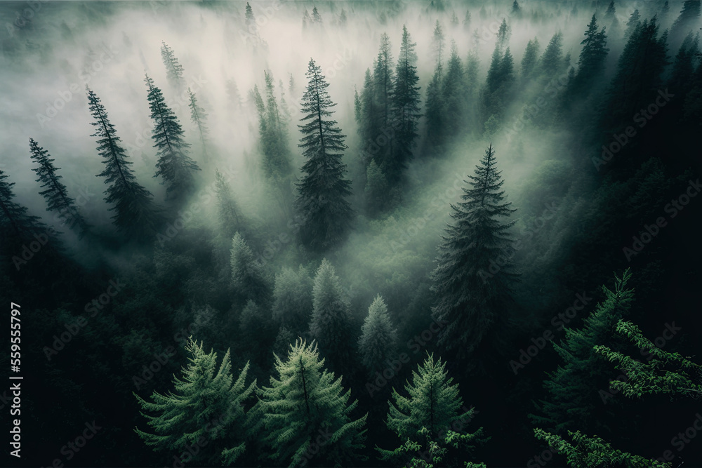 Naklejka premium Forest landscape view from above, foggy forest. AI