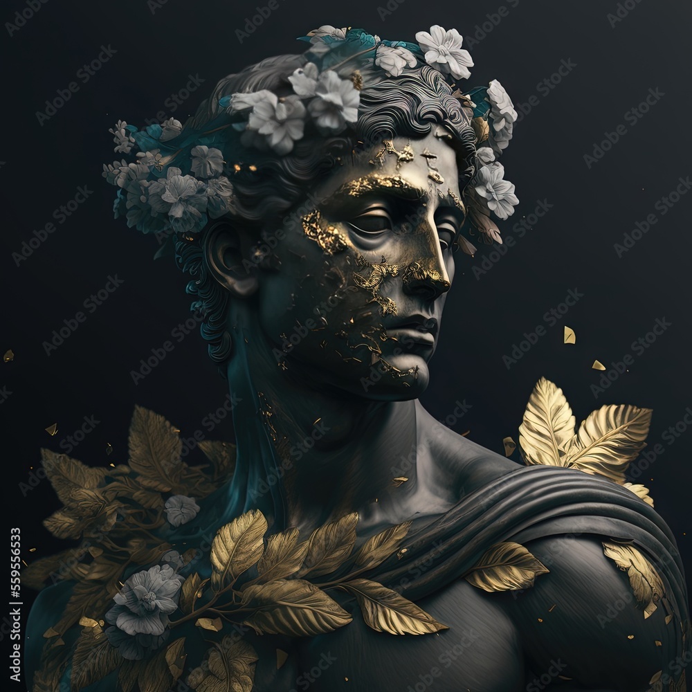 Une personne stoïque avec une couronne de fleurs, mélange d'accents d'or, de noir et de marbre, sculpture, statue. fond d'écran, citations, cartes postales - obrazy, fototapety, plakaty 