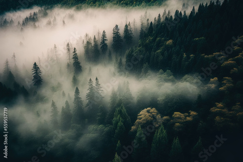 Forest landscape view from above, foggy forest. AI