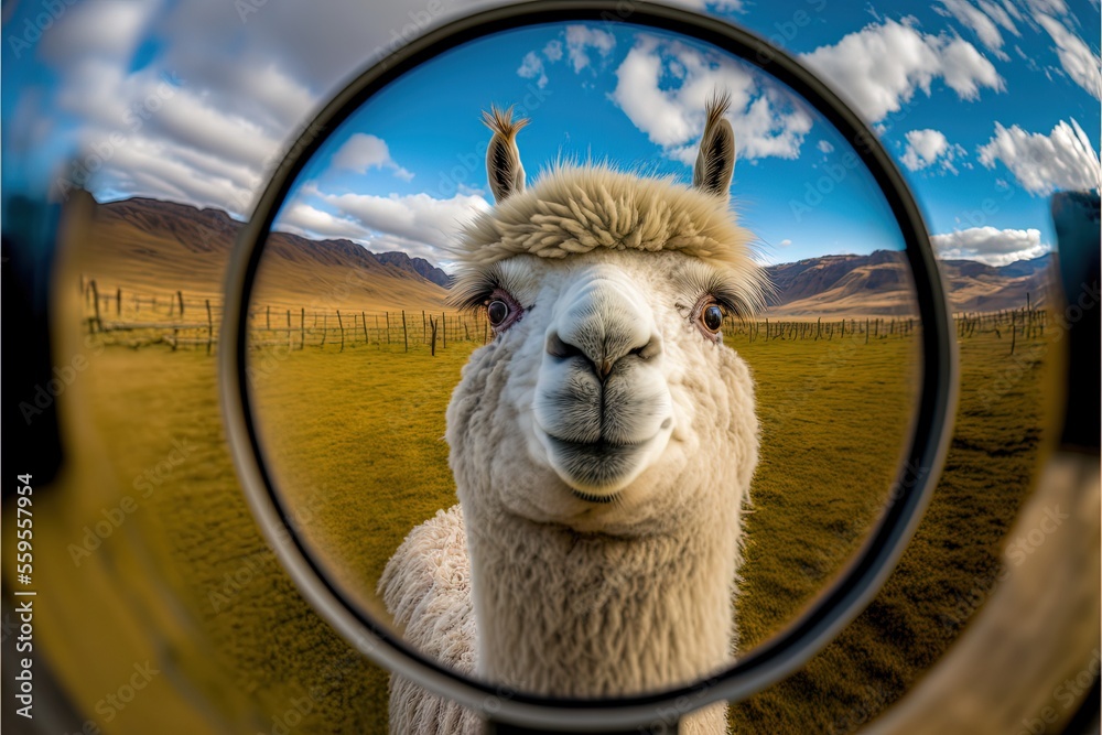 Fototapeta premium a llama looking at the camera through a magnifying glass with a sky background and clouds in the background, with a fence and a field in the foreground, a fence, a. Generative AI