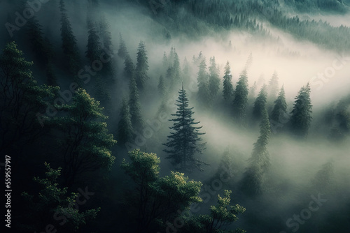 Forest landscape view from above, foggy forest. AI © MiaStendal