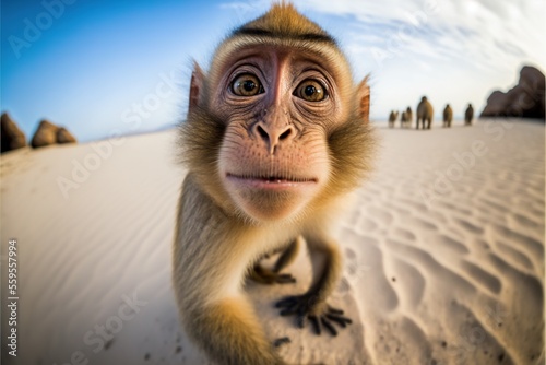  a monkey with a funny look on its face in the desert with other monkeys in the background and a blue sky with clouds above it, and a few tiny white clouds, and a. Generative AI