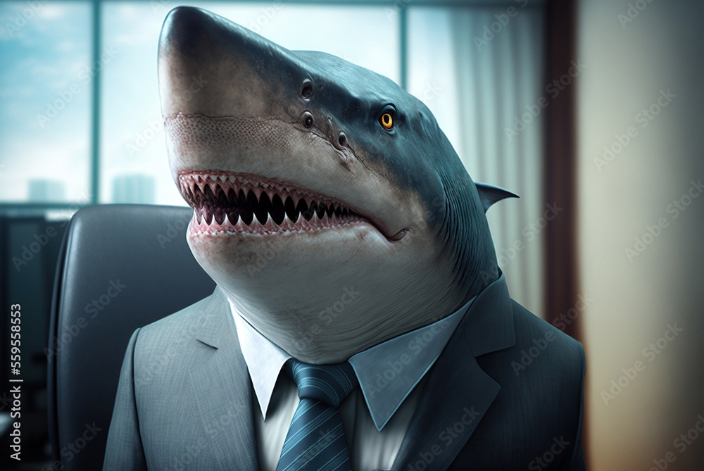 Portrait of shark in a business suit, at the office, generative ai