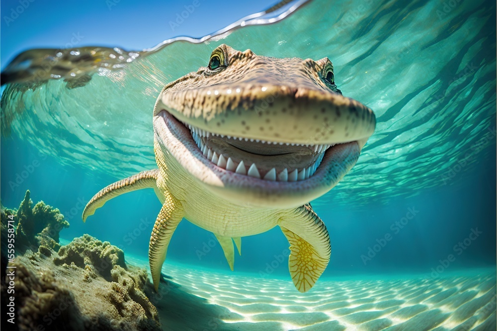 a large alligator swimming in the ocean with a smile on its face and