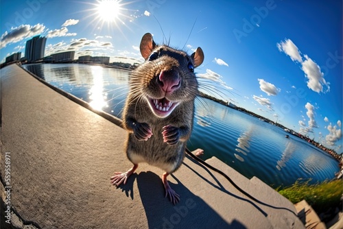 Fotografia a rat is standing on a ledge and smiling at the camera with a city in the background and a lake in the foreground with a bright sun shining on the water and a sunny day