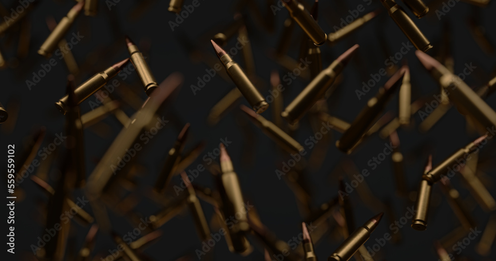 A lot of rifle bullets floating at zero gravity over black background.