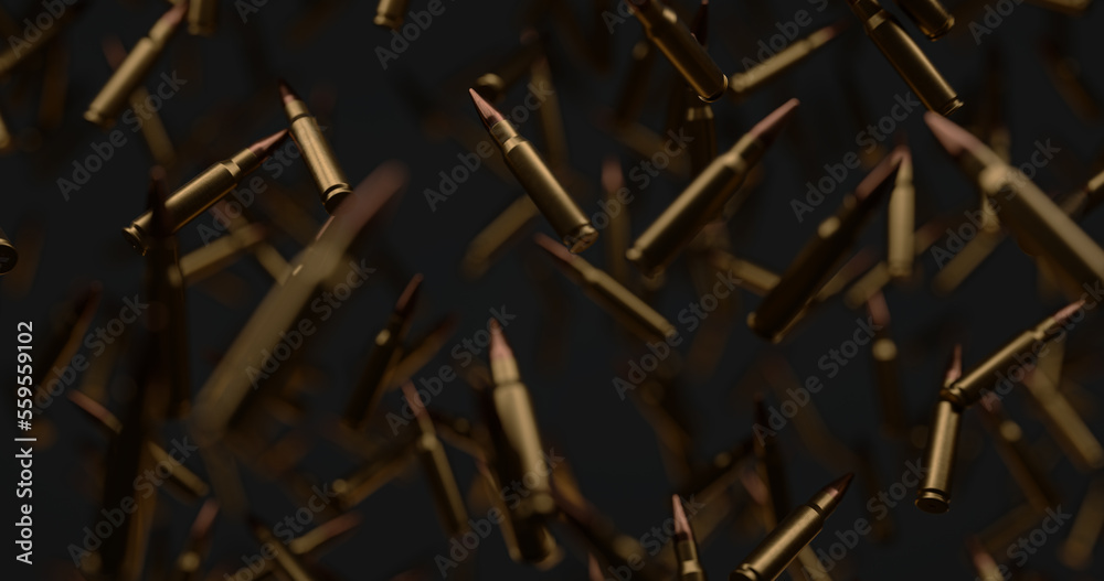 A lot of rifle bullets floating at zero gravity over black background. A lot of rifle bullets floating at zero gravity over black background.