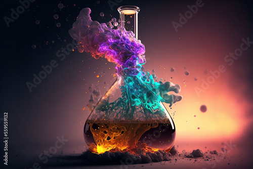 smoke and bubbles from the Erlenmeyer Flask, generative Ai photo