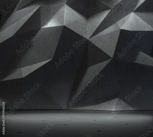 Geometric modern 3D concrete wall panel in a dark room.
