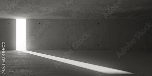 Abstract large, empty, modern concrete room, light from door opening in back wall and rough floor - industrial interior background template © Shawn Hempel