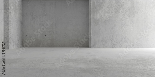 Abstract large, empty, modern concrete room, indirect light from right side and concrete rough floor - industrial interior background template