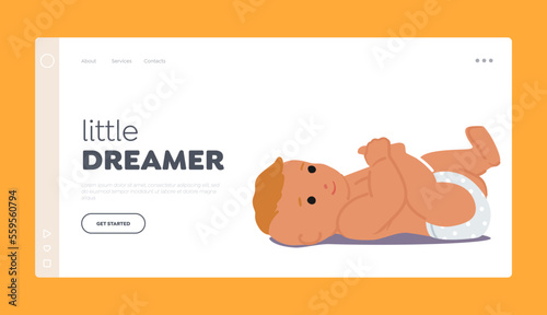 Funny Infant Landing Page Template. Cute Newborn Baby Lying on Floor and Playing with Leg. Healthy Adorable Child