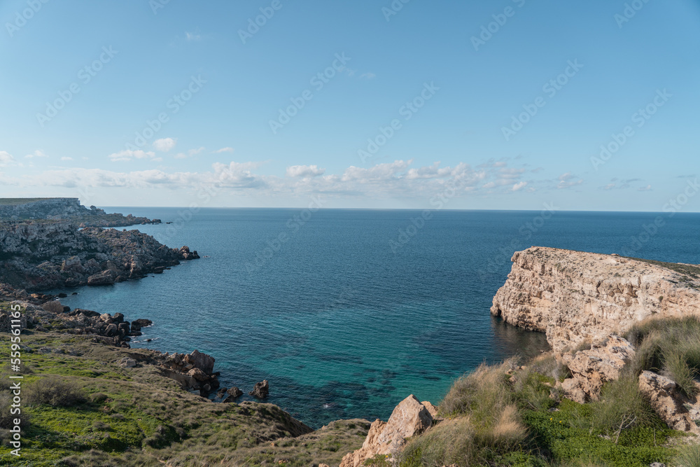 The beautiful landscape in Malta with the sea, rocks and the cliffs. 