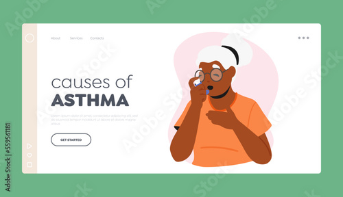 Causes of Asthma Landing Page Template. Senior Female Character Use Inhaler to Relief Respiratory Disease Symptoms