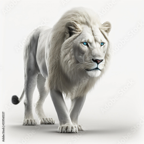 Portrait of white lion with turqoise eyes. Designed using generative ai