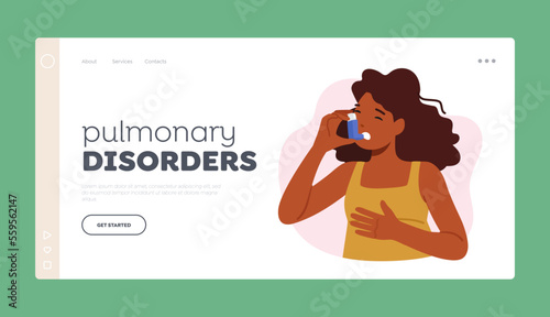 Pulmonary Disorders Landing Page Template. Female Character Suffer of Asthma Symptoms Breath with Inhaler