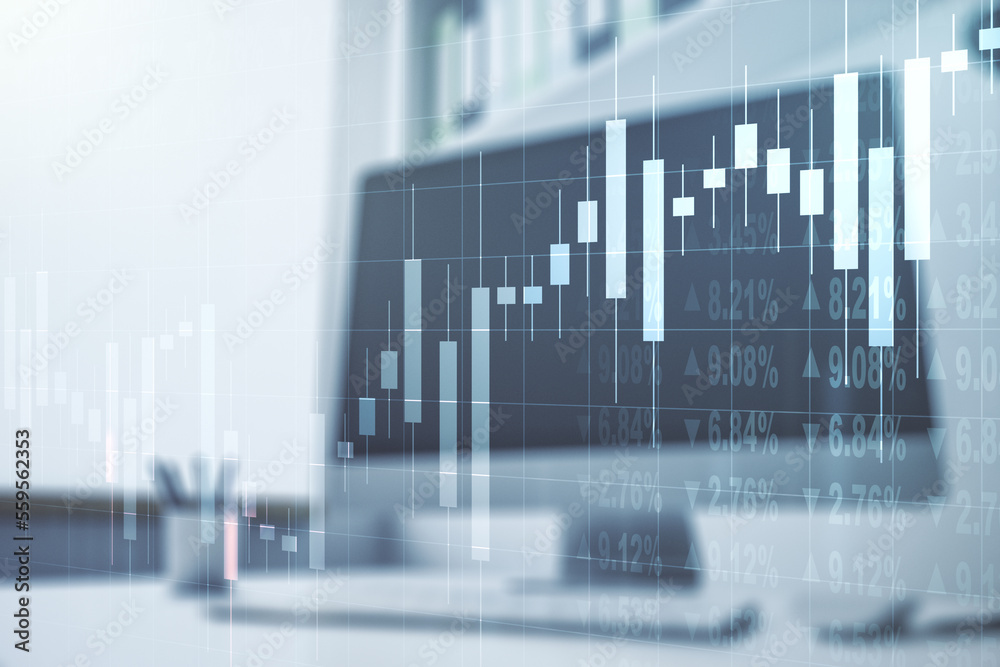 Multi exposure of abstract creative financial graph and modern desktop with computer on background, forex and investment concept Multi exposure of abstract creative financial graph and modern desktop with computer on background, forex and investment concept