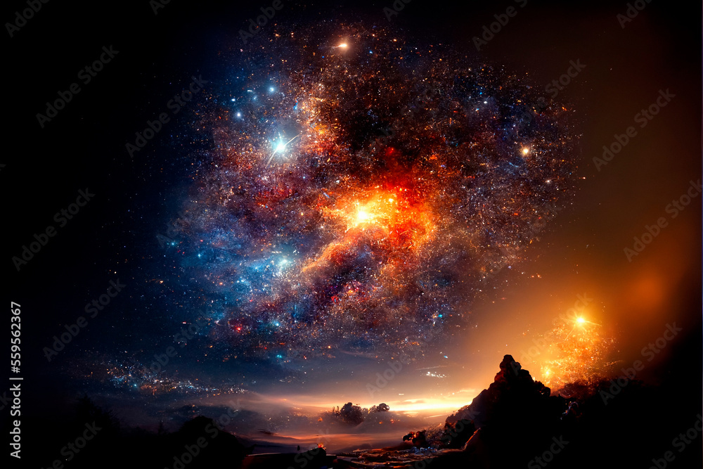 Space sky over the mountains. Milky way and space. High quality illustration