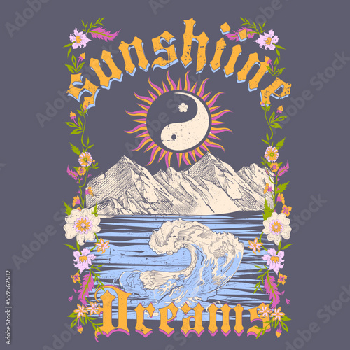 Women's vector tee shirt graphic, flowers , mountains, wave, peace, sun, beach print tshirt graphic design.